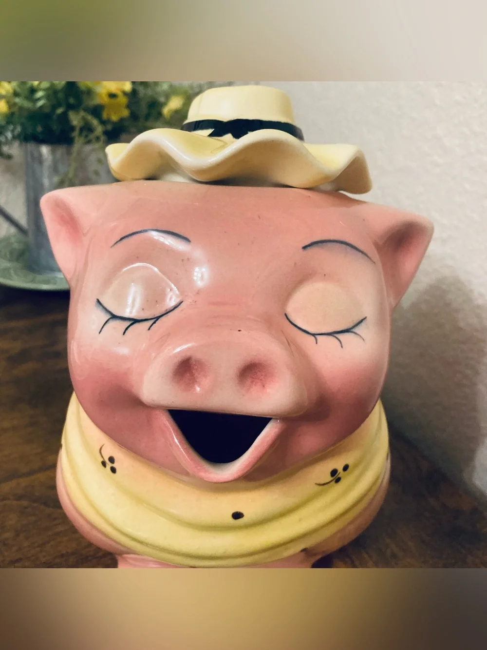 Adorable Vintage Mcm 50s Ceramic Kitschy Pig in Hat with Scarf Pitcher